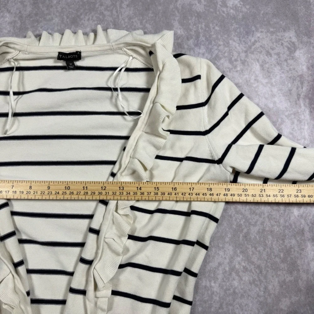 Talbots Cardigan Sweater Women M Ivory Navy Striped Ruffle Open Front Balletcore
